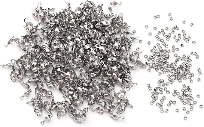 304 Stainless Steel Crimp Beads 2.0mm and End Caps 4x8mm Set 200pcs for Jewelry DIY Making and Repairing