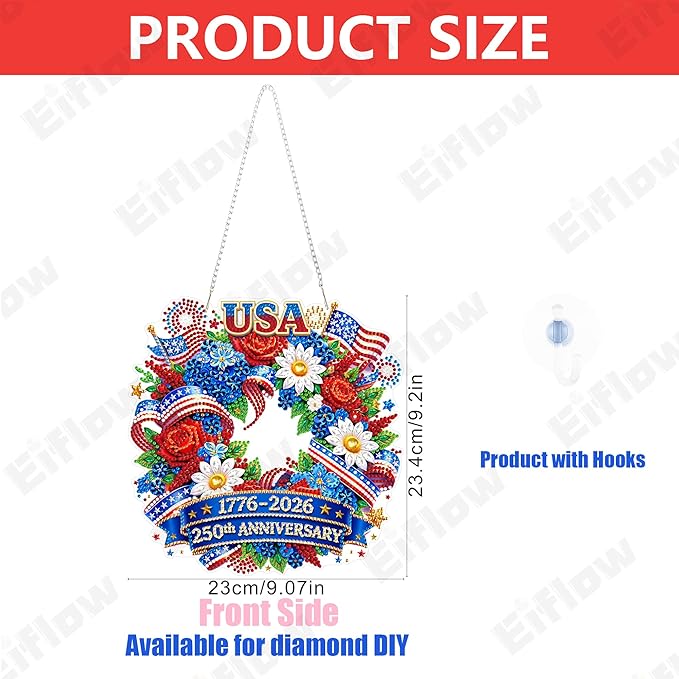 Eiflow 250th Anniversary Diamond Art Hanging Kit for Adults, DIY Diamonds Painting Door Hanger Board Kit, Special Acrylic Diamond Art Painting Pendant Ornament (4th of July Wreath)