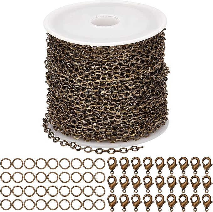 SUNNYCLUE 32.8Feet/ 10m Antique Bronze Chain Bulk Brass Cable Curb Chains for Jewelry Making Findings Links 100Pcs Iron Jump Rings 30Pcs Brass Lobster Clasps Necklace Bracelet Choker 4x3x0.6mm