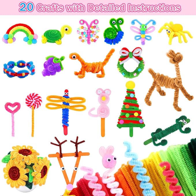 Funtopia 750pcs Pipe Cleaners Arts and Crafts Supplies for Kids, 20 Colors Chenille Stems with Craft Sticks & Pom Poms, DIY School Projects with 20 Simple Patterns Manual for Kids Ages 4 5 6 8 12