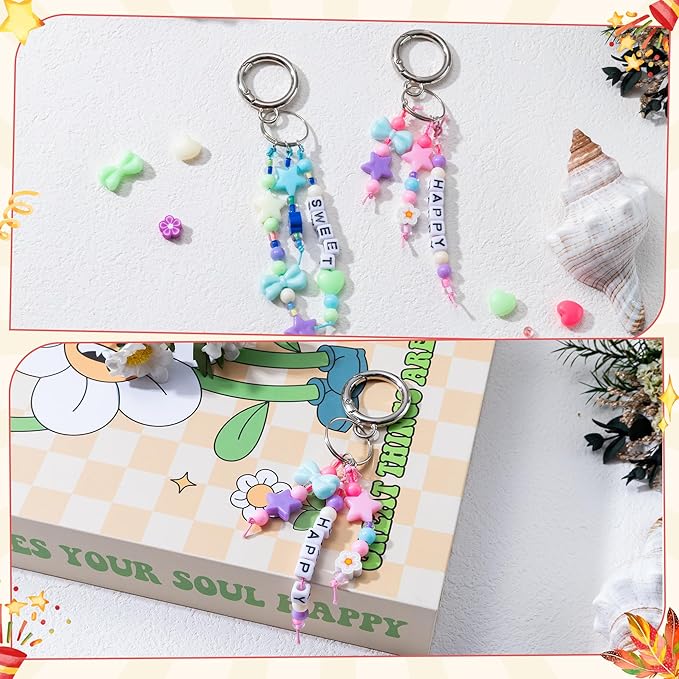WATINC DIY Keychain Making Crafts Kits - Adjustable Letter Alphabet Beads Strings Keychain Flower Bow Shapes Beads Bulk, Bag Charms with Key Ring Supplies Jewelry Accessories Making Kit (1413Pcs)