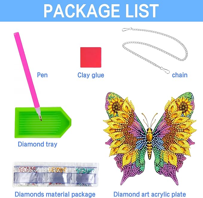VAIIEYO Butterfly Diamond Painting Hanging Ornament,Sunflower Double Side Window Hanging Kit with Chain, 7.5x7.5 inch Crystal Pendant Art Craft for Gift Home Wall Front Door Decoration