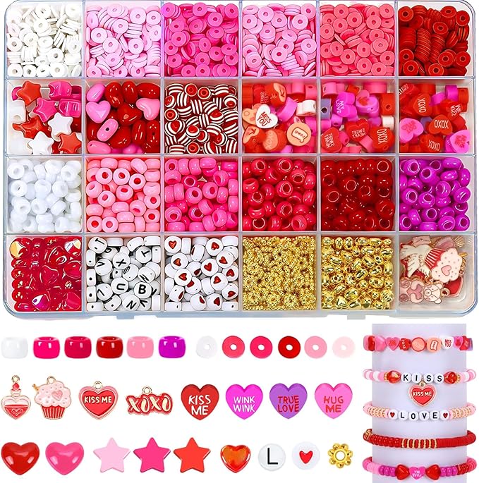 UPINS 2100Pcs Valentine’s Day Bracelets Beads Kit, Valentines Pink Red Beads for Jewelry Making, Assorted Polymer Clay Beads Heart Pony Candy Beads Letter Spacer Bead and Sweet Charms for Bracelet