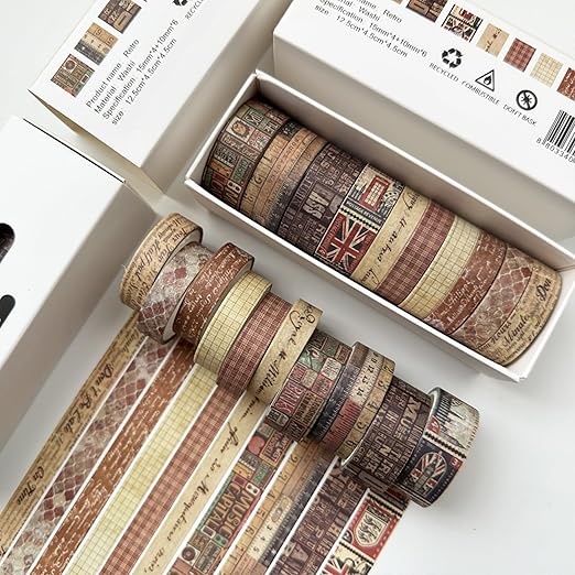 YUBBAEX 10 Rolls Vintage Washi Tape Set Basic Masking Retro Artwork Decorative Tapes for Arts, DIY Crafts, Journals, Planners, Scrapbook, Wrapping (Retro)