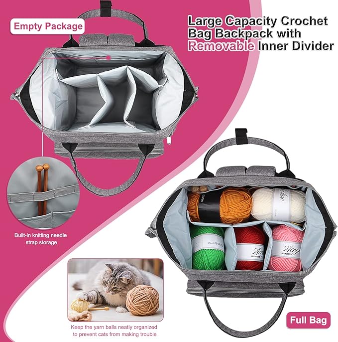 Coopay Huge Crochet Bag, Travel Knitting Bag Large Capacity Yarn Storage Organizer Bags for Unfinished Project, Crochet Hooks, Knitting Needles, Skein Yarn, Great Knitting & Crochet Supplies, Gray