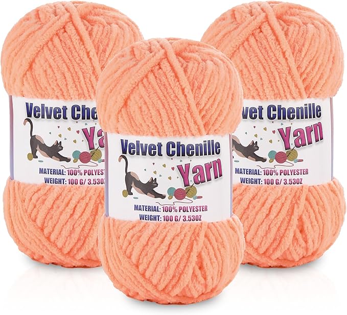 3 * 100g/3.5oz Fluffy Chenille Yarn for Crocheting, Chunky Velvet Yarn for Crochet Amigurumi, Used for Making Baby Yarns Blanket, Clothes, Pattern Knitting Creations (Apricot Color)
