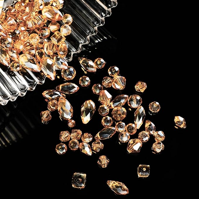 Kigeli 1280 Pcs Glass Beads Bulk Assorted Crystal Beads for Jewelry Making Faceted Teardrop Rondelle Briolette for DIY Crafts Necklace Wristband Earring Kit(Classic,Champagne Gold)