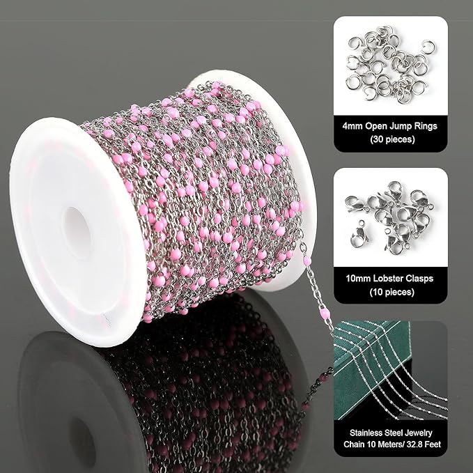 UMAOKANG 10 Meters Stainless Steel Chain for Jewelry Making Pink Enamel Beaded Chains Bulk Women Necklace Bracelet DIY Jewelry Findings