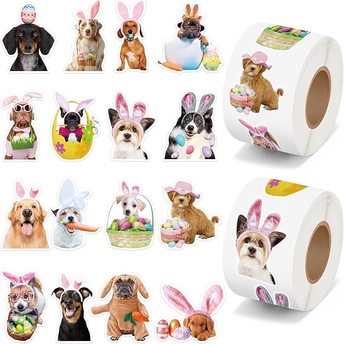 h1vojoxo easter dog sticker rolls - 1000pcs holiday dog dress up stickers for kids 16 designs funny self-adhesive stickers for easter party supplies easter eggs stickers for craft envelope dog lover