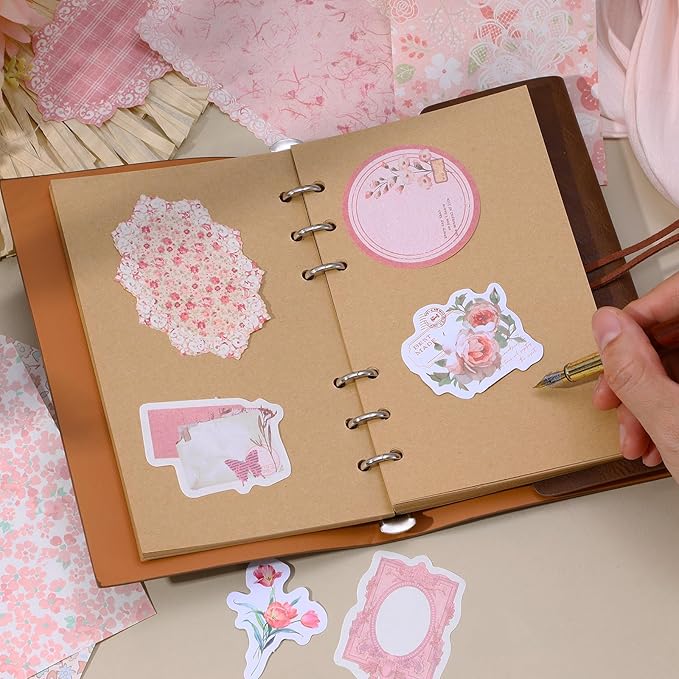 TIESOME 100pcs Vintage Floral Scrapbook Paper and Journaling Stickers Assorted Set, Memo Labels for Junk Journal Planner Collage Card Album Decor(Pink)