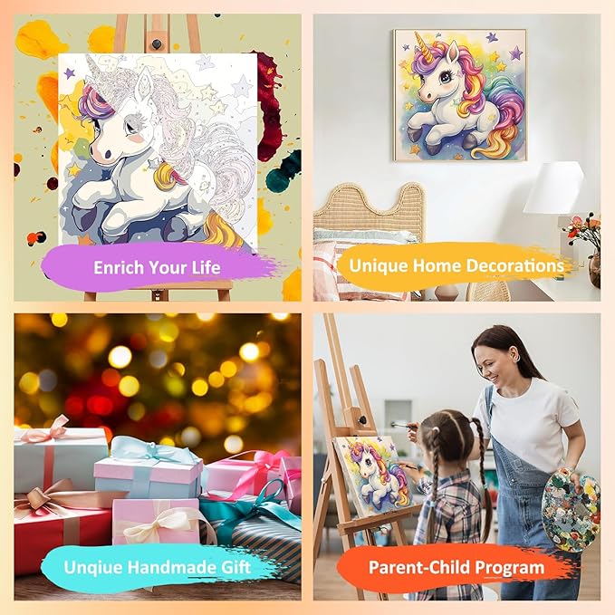 Paint by Numbers Kit for Kids with Frame, Unicorn Paint by Numbers for Kids Ages 4-8-12, DIY Unicorn Acrylic Oil Painting for Home Wall Art Decor Gift 7.8x7.8 inch (with Frame Easel)