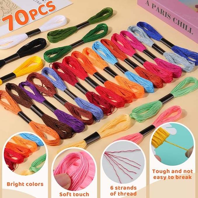 Embroidery Floss,70 Skeins Mixed Colors Cross Floss Stitch Thread, Hand Sewing Needle for Embroidery,Rainbow Color Friendship Bracelet String for Bracelet Making, Sewing Crafts