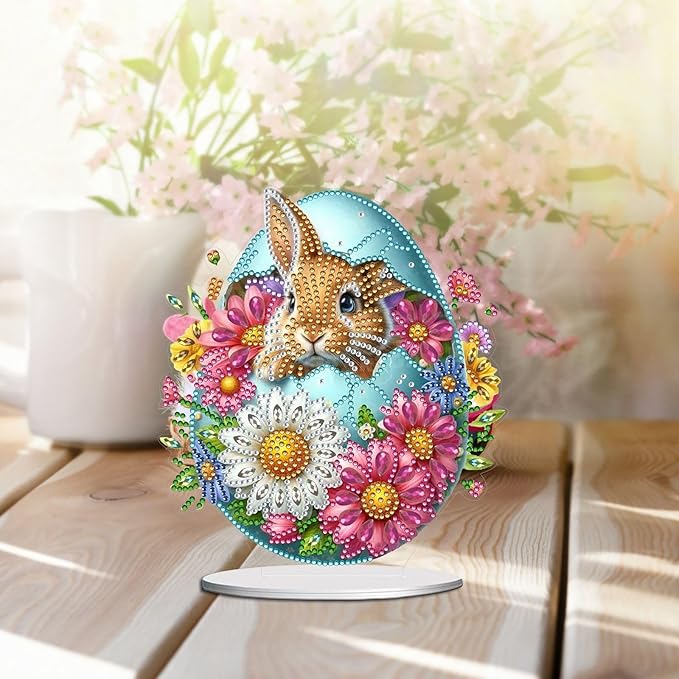 DIY Dot Diamond Desktop Easter Creative Ornaments Diamond Art Painting by Number Embroidery Arts and Crafts Easter for Home Office Garden Decoration (Single Side Dot Diamond)-23-Easter Bunny Egg