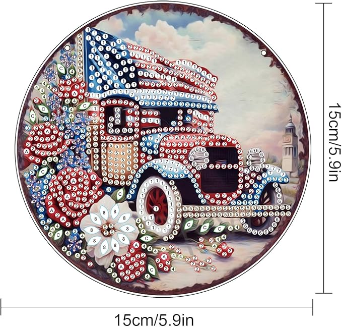 DIY 5D Diamond Painting Ornament Independence Day Car with American Flag, Diamond Art Acrylic Hanging Pendant, 4th of July Patriotic Diamond Painting Kit for Adults Home Door Car Decoration