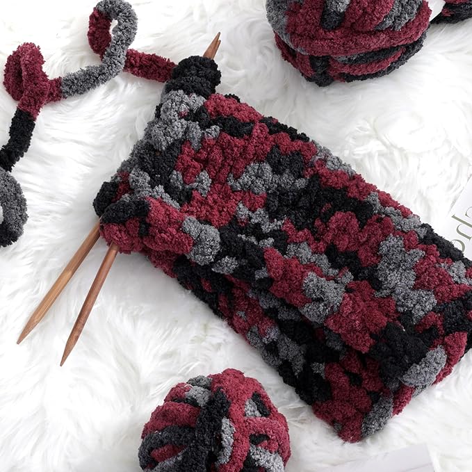 Maboozoo Tie Dye Chunky Yarn for Crocheting & Knitting - 8 Pack, Wine Red & Grey Fluffy Jumbo Chenille Yarn (26 yds, 7.5 oz Each Skein)