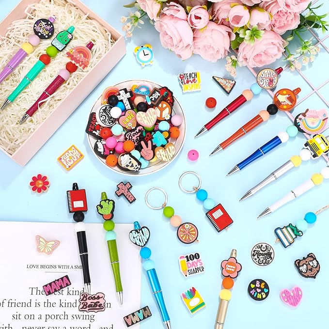 Humyoun 122 Pcs Silicone Focal Beads for DIY Pens Making Kit Include 12 Beadable Pens 110 Silicone Focal Beads for Pen Keychains DIY Making