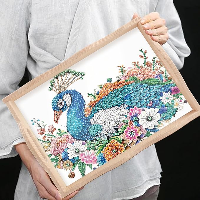 AiYuanzsh 5D Diamond Art Tray with Handle for Adults DIY Diamond Art Plate Kits Peacock Picture Diamond Art Painting Dinner Plate for Coffee Living Room Home Organizer Parties Family Gatherings