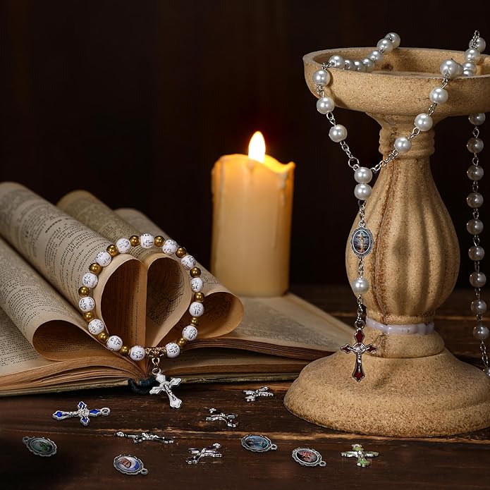Rosary Making Kits Supplies Cross and Center Medal Charm Alloy Picture Religious Charms Crucifix Pendant for DIY Jewelry Making Prayer Bracelet Necklace Earring