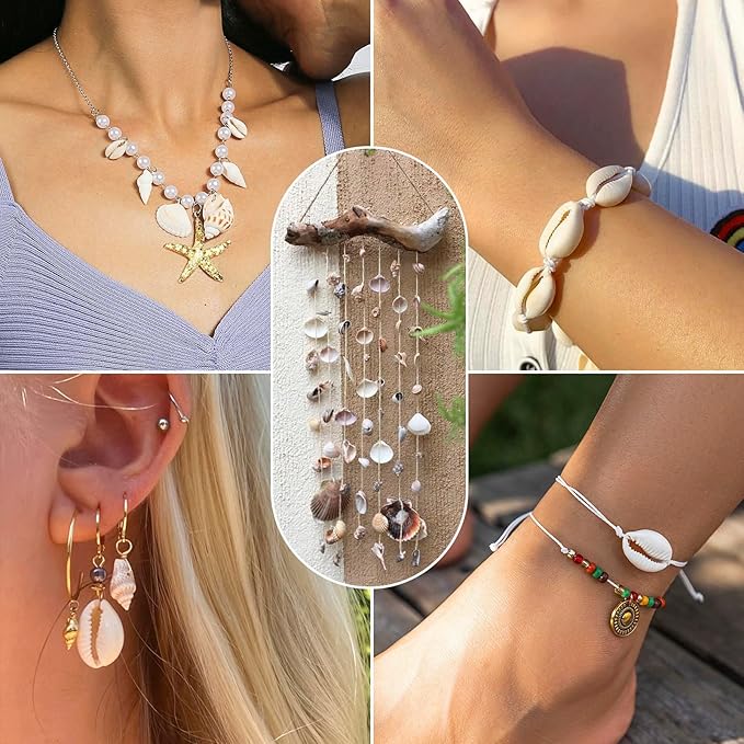 Cheriswelry 210pcs/box 21.5-24.5mm Natural Shell Making Finding Kit Ocean Beach Style Seashell Beads Pendants for DIY Necklace Bracelet Jewelry Making Hole:1.5-1.6mm