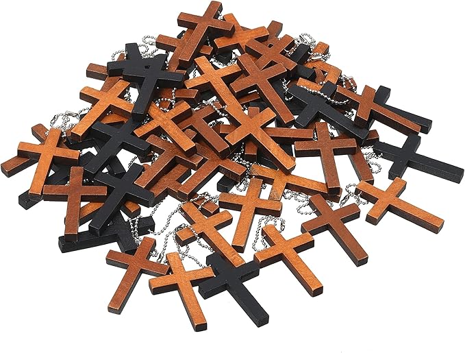 Junkin 75 Pcs 3 Colors Wood Cross Charms Mini Pendant with Chains Natural Wooden Cross Hanging Ornament for DIY Necklace Bracelet Earring Jewelry Craft Making Handmade Accessories Party Favor