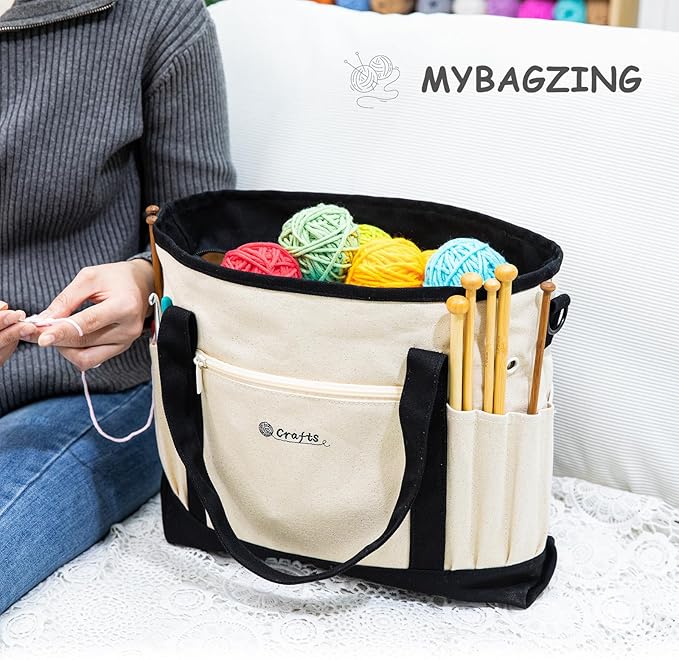 Canvas Yarn Storage Organizer Bag Washable Crochet Bag with Pockets for Yarn, Hooks, Needles – Travel Knitting Tote for Crafters – Gift for Crocheters & Knitters (Medium/Large)
