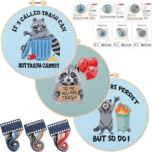 Mindsoft 3 Sets Raccoon Embroidery Kit with Embroidery Hoop Easy Pattern Needlepoint Kit for Beginners and Adults Hand Crafts Needlepoint Set with Needles Thread and Instruction