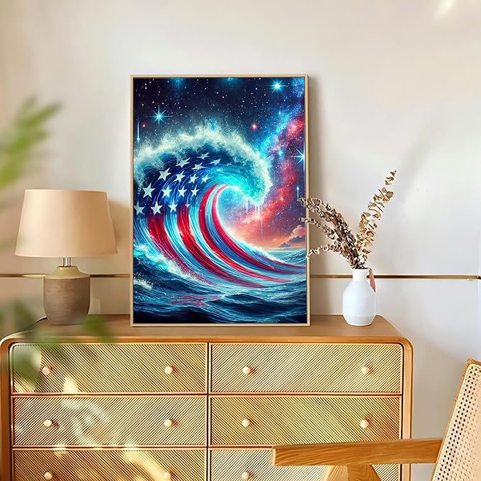 Reivworl Independence Day Diamond Art Kits for Adults, Waves Diamond Painting Kits, Gem Art Kit for Gifts and Home Interior Decor 12x16 Inch