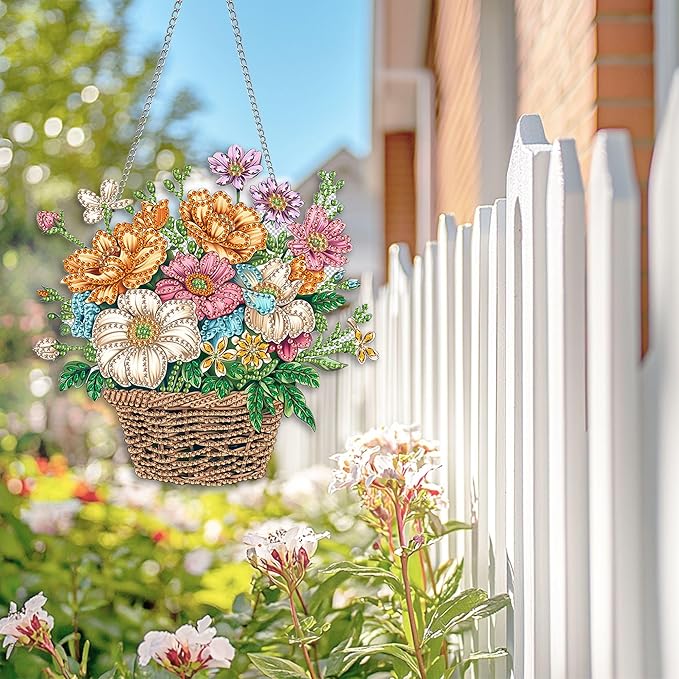 Wergund 5D DIY Flower Basket Diamond Art Hanging Kits, Hanging Diamond Art Flower, Acrylic Special Shaped Rhinestone, Window Hanging Pendants for Home Wall Garden Front Door Outdoor Decor Gift