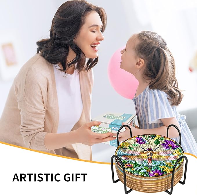 Dragonfly Diamond Art Coasters Kit, 8 Pcs Stained Glass Style Diamond Painting Coaster for Adults Beginners, Coaster Making Kits with Holder Cork Pads, DIY Project for Home Christmas Ornaments Gifts