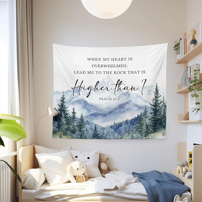 MNASAIOO Christian Mountian Woods Wall Tapestry Hanging for Bedroom, Bible Verse Scripture Psalm 61:2 Tapestry, Watercolor Religious Tapestries Wall Decor for Living Room Prayer Room Church 50x60in