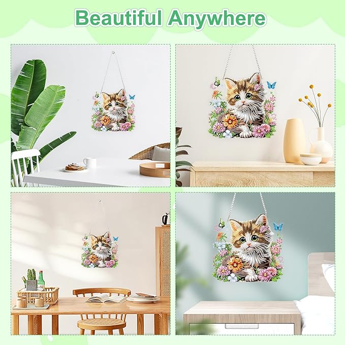 TOSTOG Beautiful Tabby Cat Diamond Art Pendant Kits for Adult, Diamond Painting Hanging Kit for Beginners, 5D DIY Crafts Gem Art, Waterproof Full Accessories for Home Decor Idea 20 * 20 cm/8 * 8 in