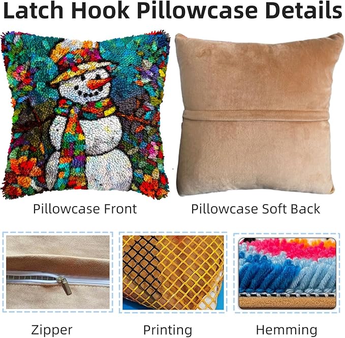 Stained Glass Christmas Snowman DIY Latch Hook Pillow Kits for Adults Printed Pillowcase Crochet Yarns Hooking Handmade Pillow Cover Cushion for Home Sofa Decoration 17x17inch