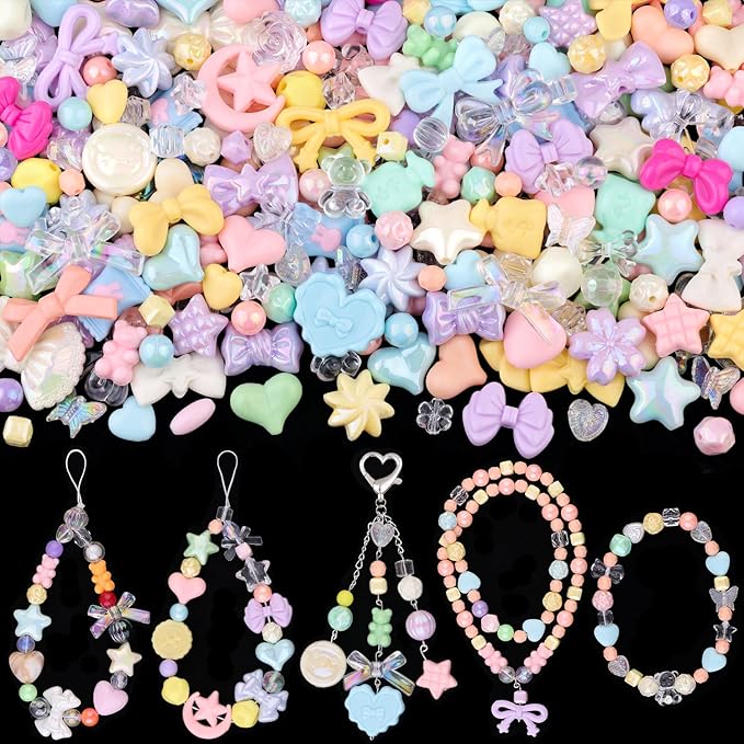 200-260pcs tinkrstuff assorted acrylic beads macaroon color cute beads for bracelet making, bow aesthetic gummybear candy butterfly kawaii charms for jewelry making diy necklace keychain phone charm