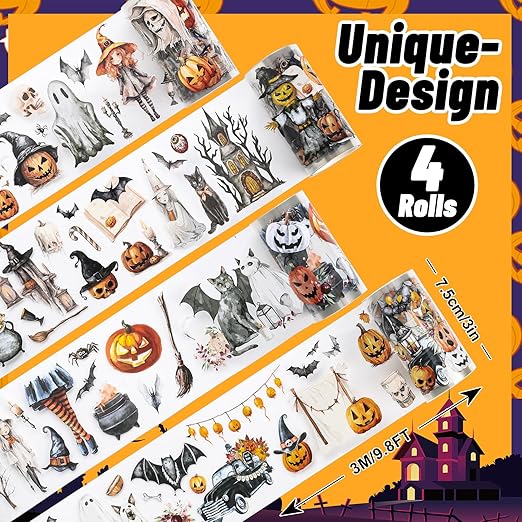 JarThenaAMCS 39.2 Ft Halloween PET Washi Tape 4 Rolls Pumpkin Ghost Witch Bats Transparent Adhesive Masking Tape for Cut & Use as Halloween Stickers Scrapbook Journal DIY Crafts Wrapping