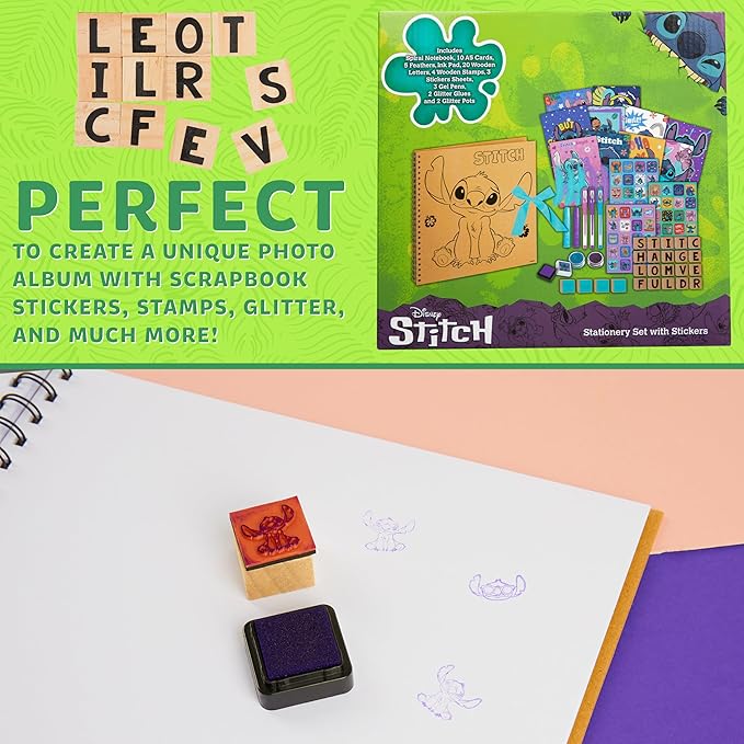 Disney Stitch Scrapbook Kit for Kids Teenagers Craft Set Art Supplies Stickers Feathers Stamps Gel Pens - Gifts for Girls