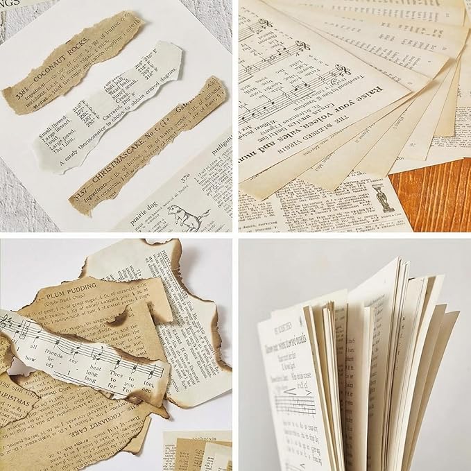 Zonon 114 Pieces 2 Sets Junk Journal Pages Vintage Ephemera Pack Craft Paper Junk Journal Vintage Paper for Albums Planner Decorative Crafts Embellishment Supplies(Old Book and Vellum Series)