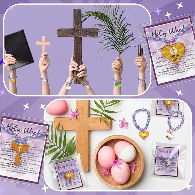Liliaafar 24 Sets Easter Crafts Holy Week Bead Bracelet Craft Kits with Card Easter Party Favors DIY Holy Week Sunday Beaded Gifts Religious Christian Bracelet Kits for Spring Art Gifts