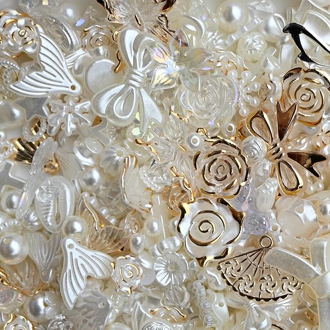 Baroque Pearl Beads for Junk Case Charms Kit,Assorted Aesthetic Y2K Beads with Holes, Vintage Relief Flower Bow Angel Charms for DIY Phone Charms, Bracelet Jewelry Making Decor Supplies, White & Gold