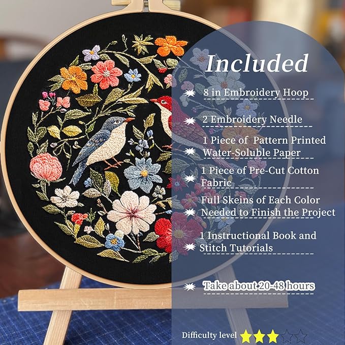 fonnuy embroidery kit for beginners, birds with flowers pre-stamped pattern kits for adults with hoop, easy to follow color thread needlework, 8'' hoop (red)