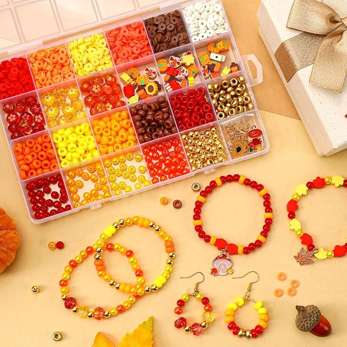UPINS 2100PCS+ Fall Bracelets Beads Kit for Jewelry Making Thanksgiving Autumn Clay Round Maple Leaf Pumpkin Pony Pearl Beads for Fall DIYJewelry Supplies