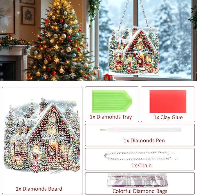 SENQAO Christmas Diamond Art Hanging Kits for Adults, Christmas Tree House Diamond Art Suncatchers, 5D Special Shape Diamond Painting Pendant Window Ornament Gifts for Home Door Wall Decor