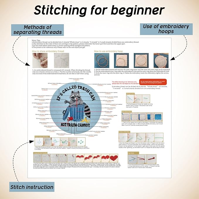 Mindsoft 3 Sets Raccoon Embroidery Kit with Embroidery Hoop Easy Pattern Needlepoint Kit for Beginners and Adults Hand Crafts Needlepoint Set with Needles Thread and Instruction