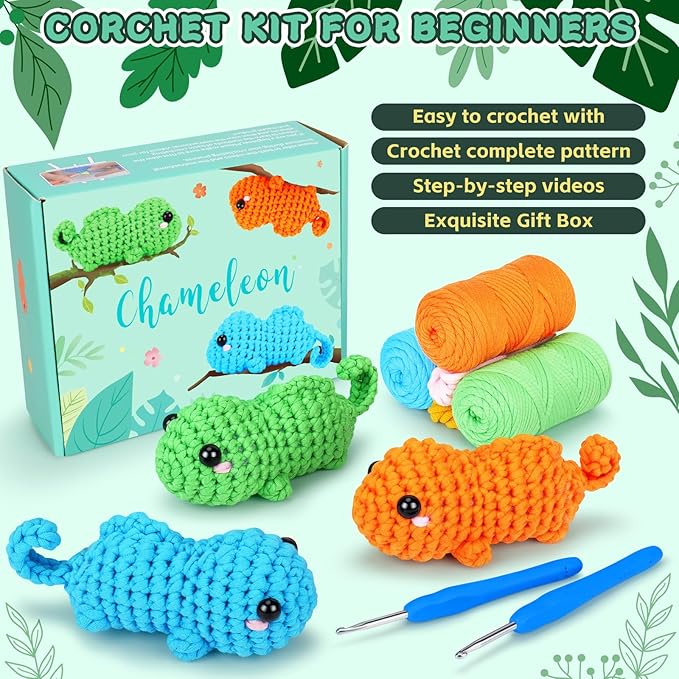 Fortuning's JDS Crochet Kit for Beginners - 3 PCS Baby Chameleon Crochet Kits with Step-by-Step Video Tutorials, Beginner Crochet Kit for Adults Kids, Chameleon Crocheting Set