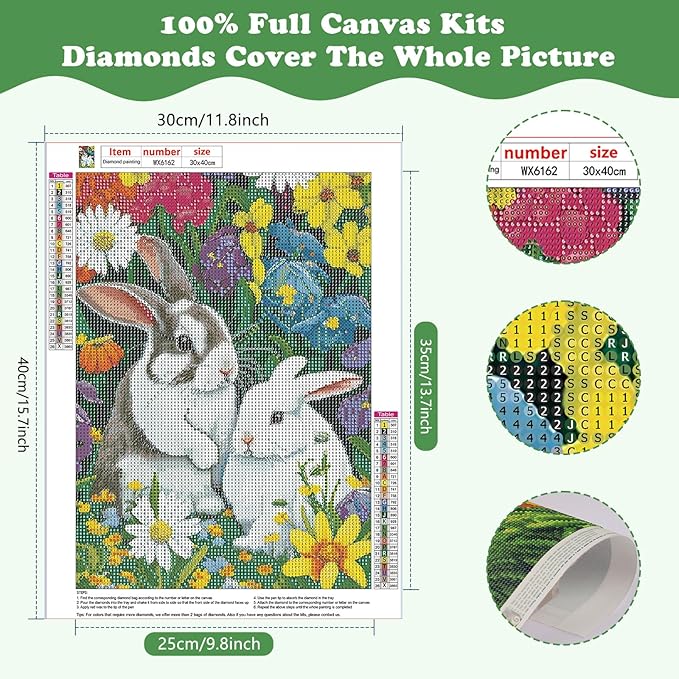SENQAO Rabbit Diamond Painting Kits, 5D DIY Flowers Diamond Painting Kit Full Drill Diamond Art for Adults Kids Paint by Diamond Kits Easter Bunny Diamond Painting Rabbit 12x16inch