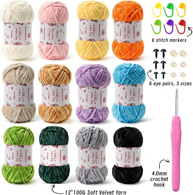 12 Pack Chenille Chunky Yarn - Baby Yarn for Crocheting Soft - Yellow Green Blue Purple Gray White Black Velvet Yarn Crochet Blanket - Amigurumi Yarn Pack with Crochet Accessories E