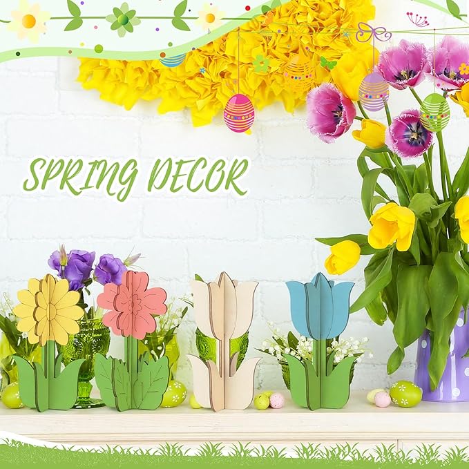 MotiMind 60 Pcs Spring Crafts Set 48 Pcs Wood Flowers to Paint Unfinished Wood Tulip Slices 3D Wooden Cutouts with 12 Colored Pens for Mother's Day Wedding Summer Crafts Tiered Tray Table Decor