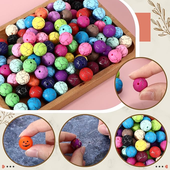 Ferreve 120 Pcs 15mm Silicone Beads Bulk Silicone Beads Print Rubber DIY Bracelet Making Kit for Keychain Making Pens Necklace Jewelry(Crack)