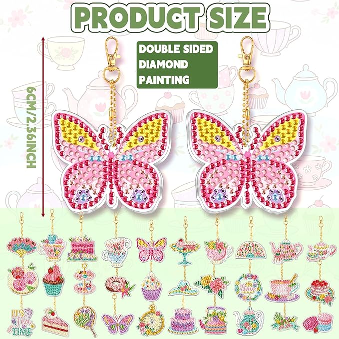 Huquary 30 Pcs Diamond Painting Keychains Tea Party Diamond Art Sets for Adult, Double Sided 5d Diamonds Hanging Keychains for Adult Beginner DIY Crafts Party Gift