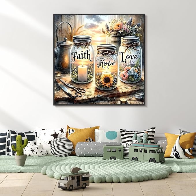 Framed Paint by Numbers Kit for Adults Beginner & Kids Ages 8-12, Faith, Hope, Love Wishing Bottle Paint by Numbers Without Easel, DIY Number Painting for Adults for Home Wall Decor Gift 10x10 inch
