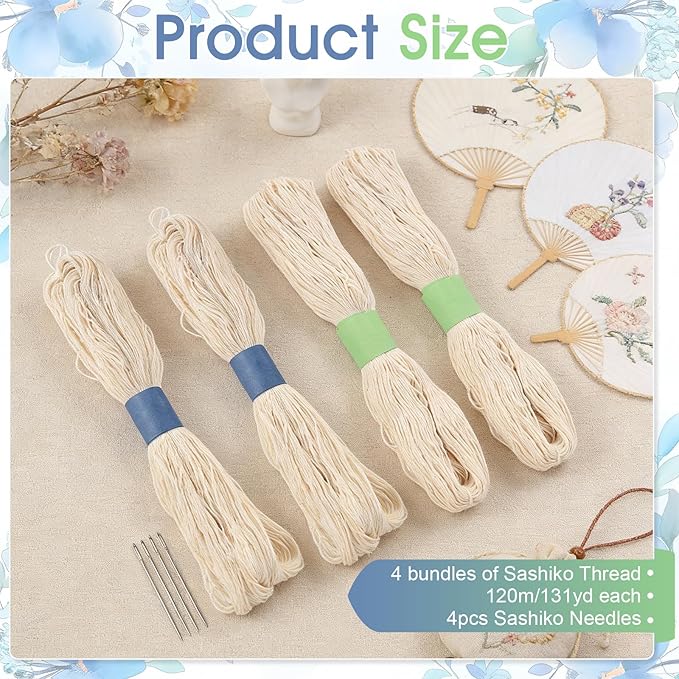 4pcs Sashiko Thread Jumbo Skein Sashiko Kit Sashiko Skein with Four Sashiko Needles Total Length 524.93 Yards Natural Plant Dyed Sashiko Cotton Embroidery Thread Sashiko Kit Supplies 100% Cotton
